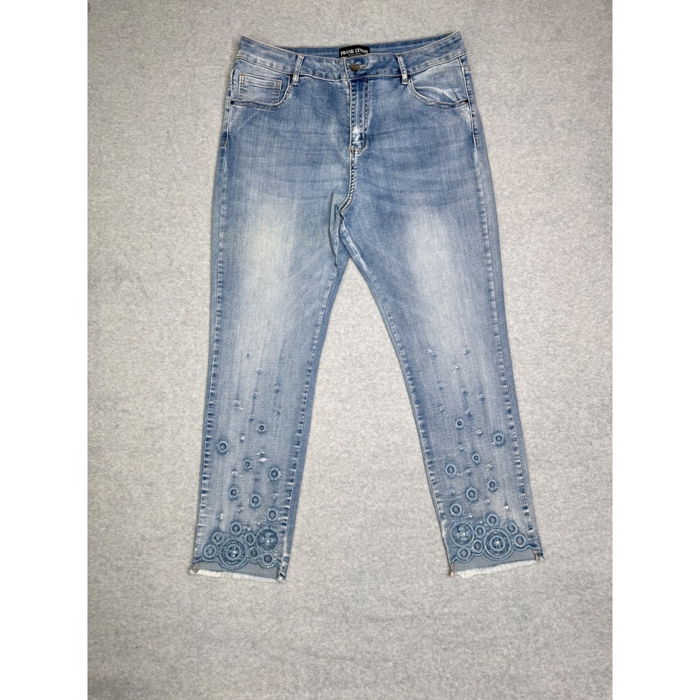 Frank Lyman Montreal Embroidered Rhinestone Raw Hem Jeans Light Wash XL